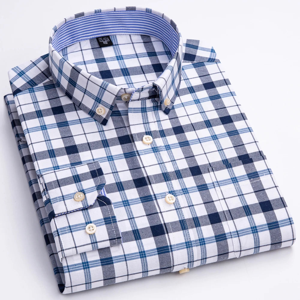 Men's 100% Cotton Contrast Plaid Long Sleeve Oxford Button-Down Shirt with Pocket, Breathable Comfort Regular Fit Casual Wear