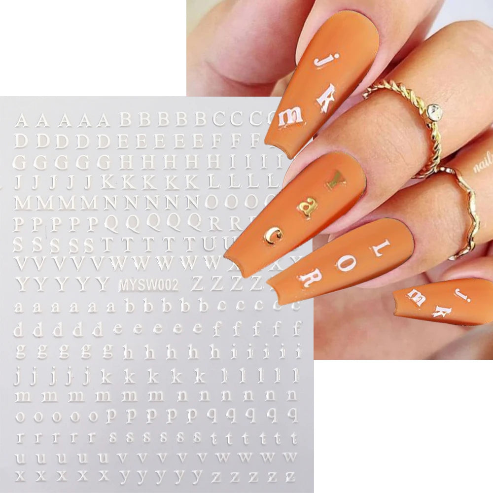 1pc Gold Silver English Letter Nail Sticker Black Laser 3D Alphabet Self Adhesive Decal English Words DIY Slider Manicure Decor