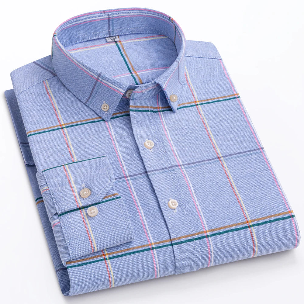 Men's 100% Cotton Contrast Plaid Long Sleeve Oxford Button-Down Shirt with Pocket, Breathable Comfort Regular Fit Casual Wear