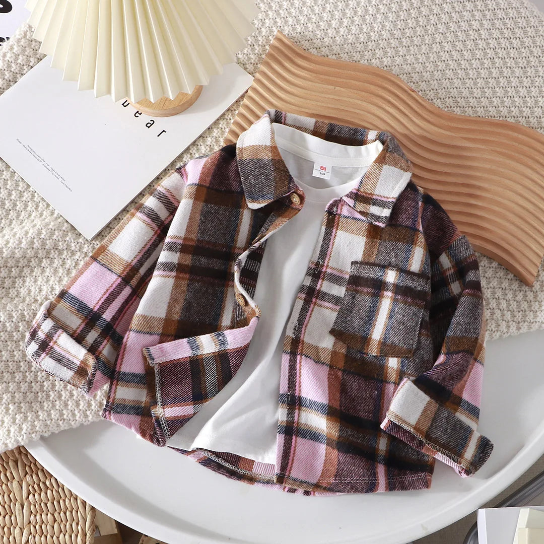New 2026 Spring Autumn Kids Vintage Long Sleeve Lapel Casual Checked Shirt Tops Boys Classic Plaid Shirts Children's Clothing