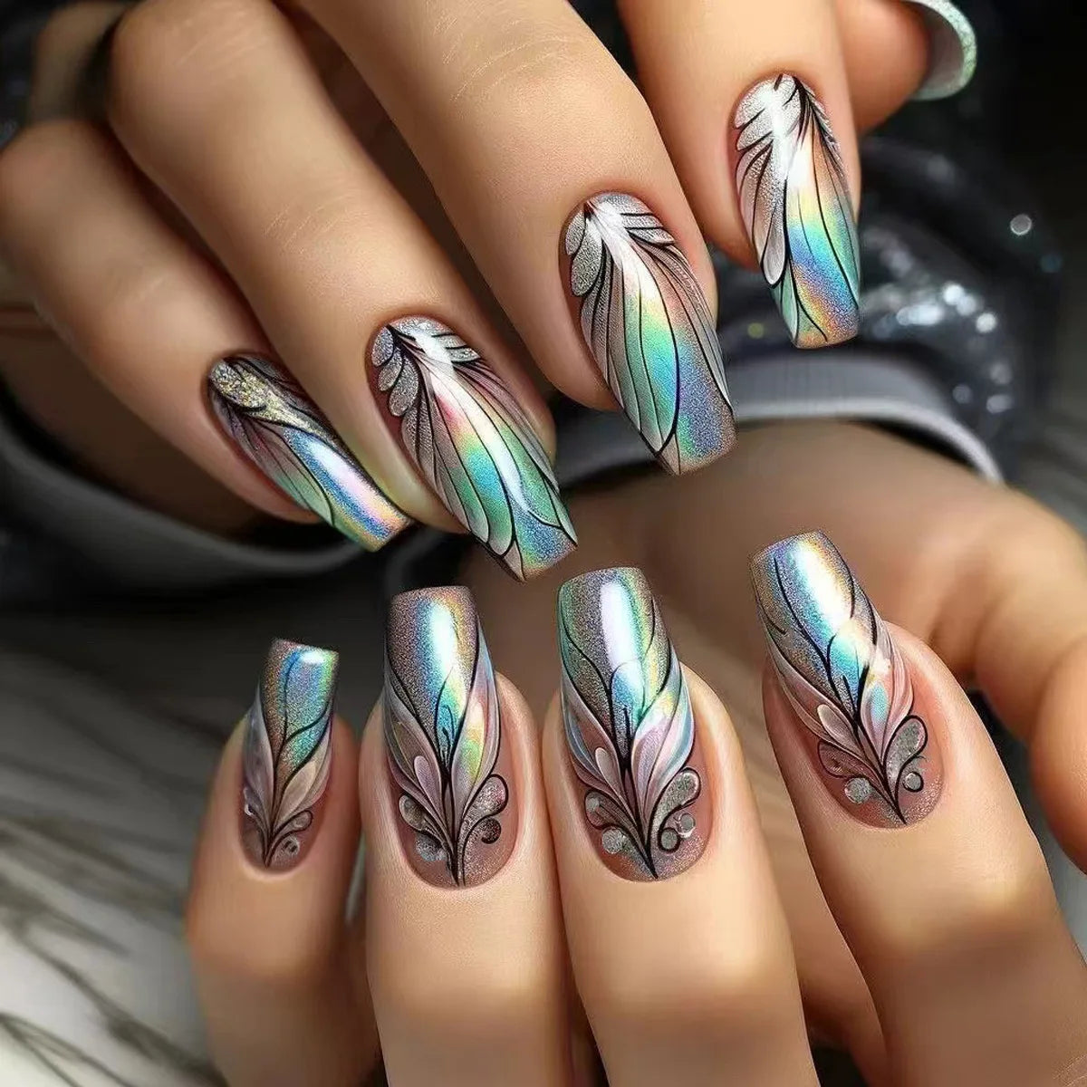 24pcs Short Square Press on Nails Jade Flower Sparkling Powder Designs Fake Nails with Glue Green Gradient Full Cover Nail Tips