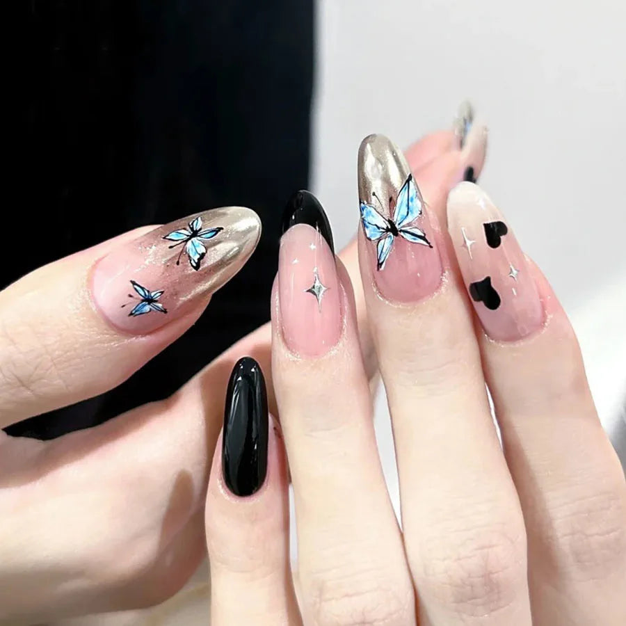 Medium fake nails for women girl green flrora blue black butterfly heart design Almond nail tips full cover press on false nail