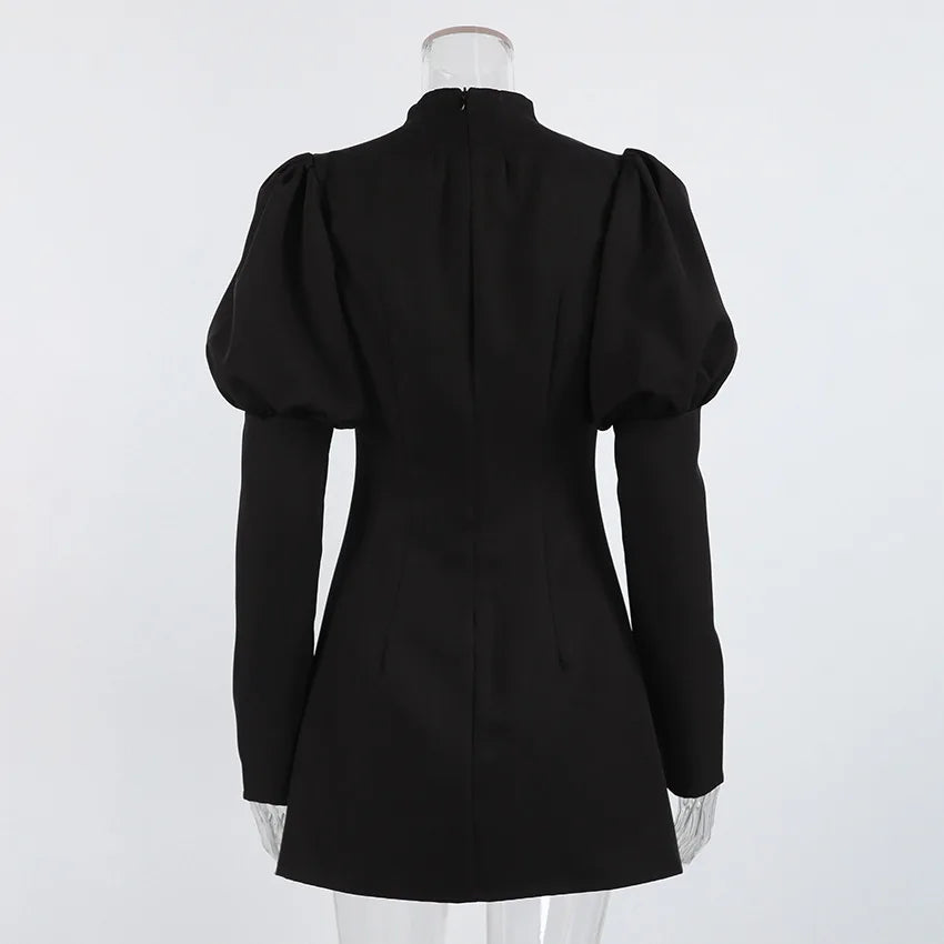 BKLD Hepburn Style Black A-Line Short Dresses Fashion Women's Clothing New V-Neck Puff Sleeve Single-Breasted Party Dress