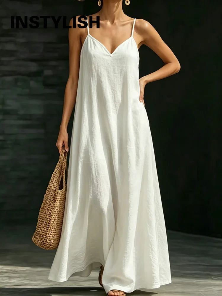 Women Linen Spaghetti Strap Maxi Dress V Neck Loose Swing Long Dress With Pockets Casual Summer Beach Vacation Sundress Ladies
