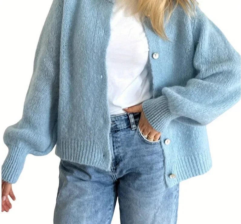 Women Mohair Knit Cardigan O Neck Elegant Lantern Long Sleeve Oversized Loose Fluffy Sweater Coat Autumn Winter Casual Knitwear