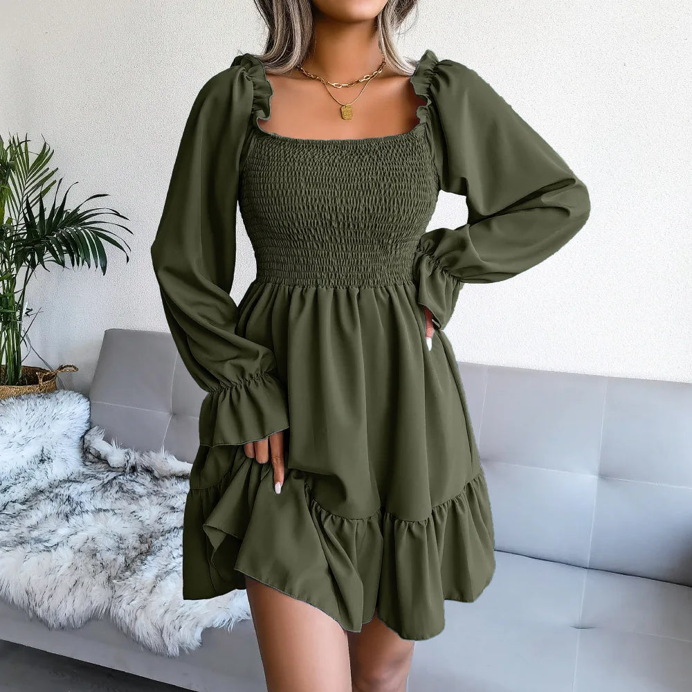 Spring Summer Casual Solid Color Square Neck Flared Long Sleeve Ruffled Dress Red Orange Green Black 2026 Fashion Woman Clothing