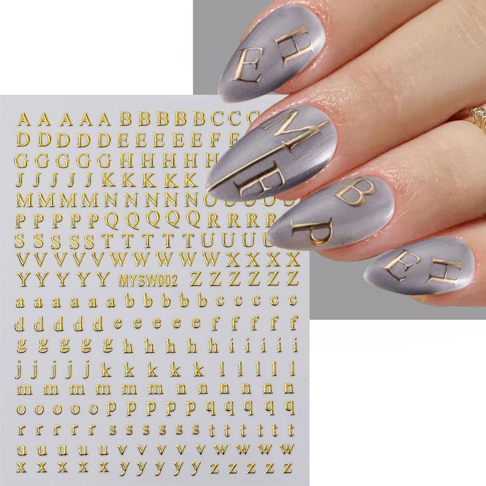 1pc Gold Silver English Letter Nail Sticker Black Laser 3D Alphabet Self Adhesive Decal English Words DIY Slider Manicure Decor
