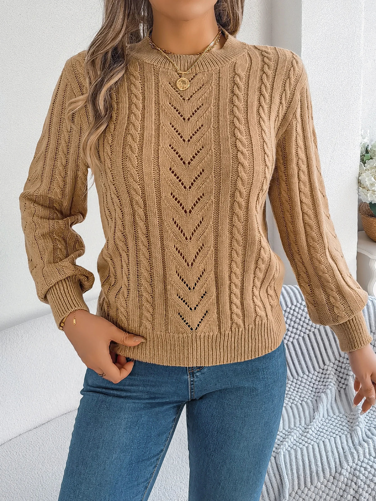 Autumn and Winter Casual Solid Color O-Neck Hollow Out Long Sleeved Pullover Sweater
