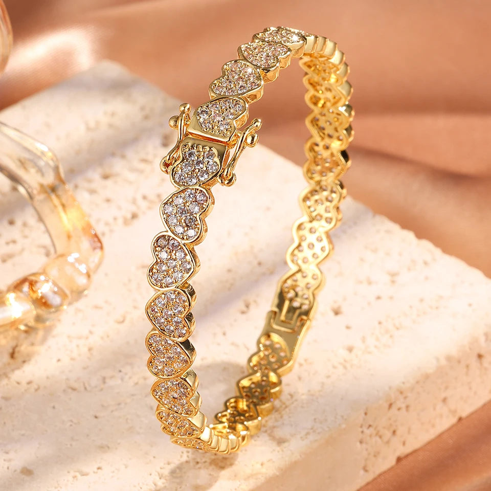 ZAKOL Full Iced Out Bling CZ Cubic Zirconia Heart Charm Bracelet Not Allergies Sliver Gold Color Hiphop Jewelry for Women Men