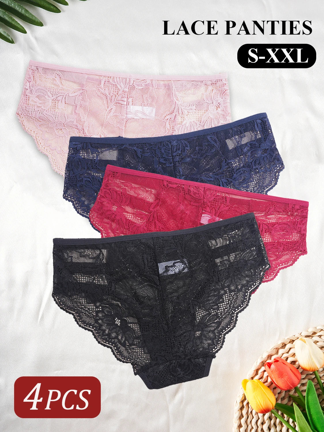 4PCS Elegant Floral Lace Women's Panties Underwear Comfortable Solid Color Briefs with "LOVE" Letter Waistband Female Lingerie