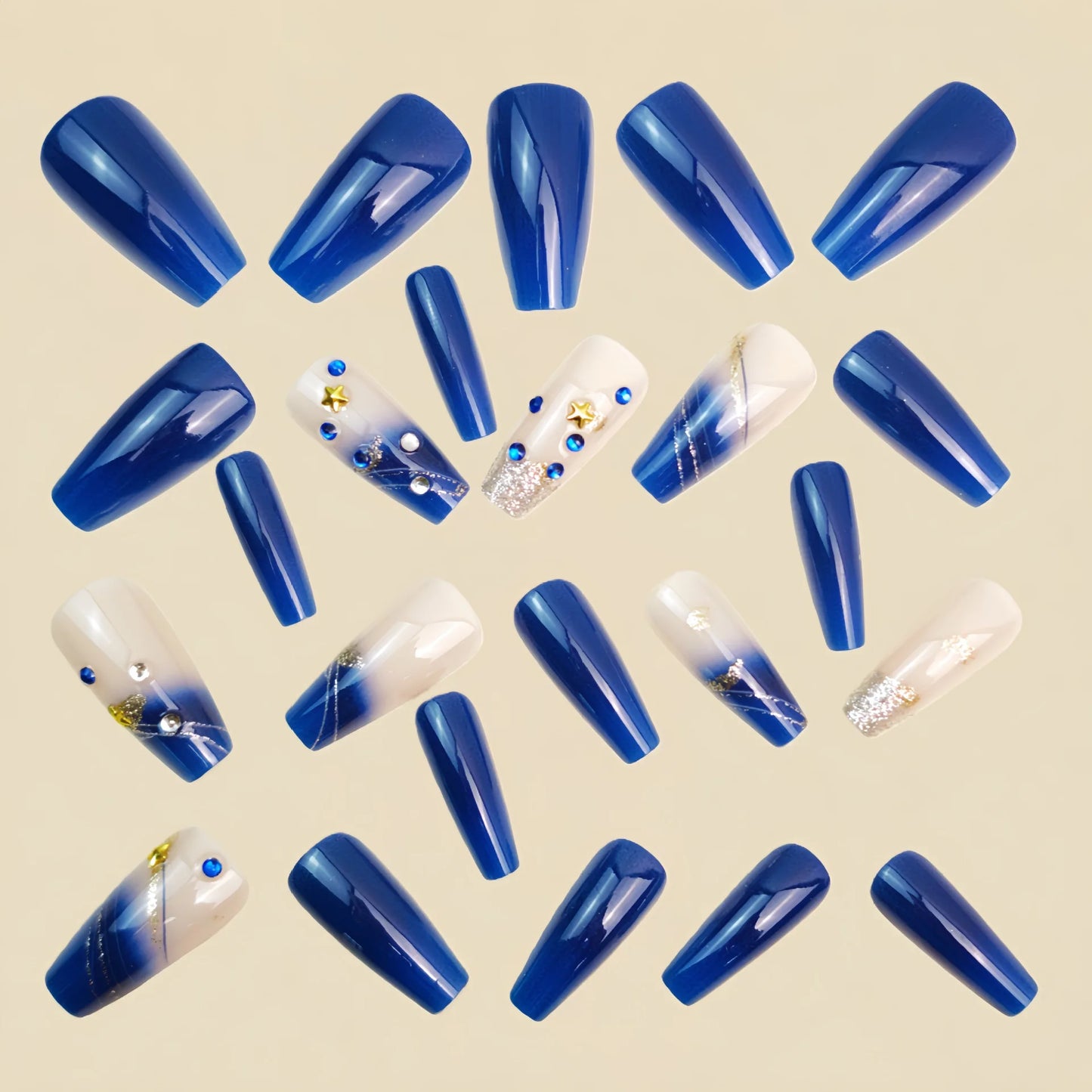 Medium long fake nails gradient purple blue colors with rhinestones design full cover reusable ABS press on Artificial nail