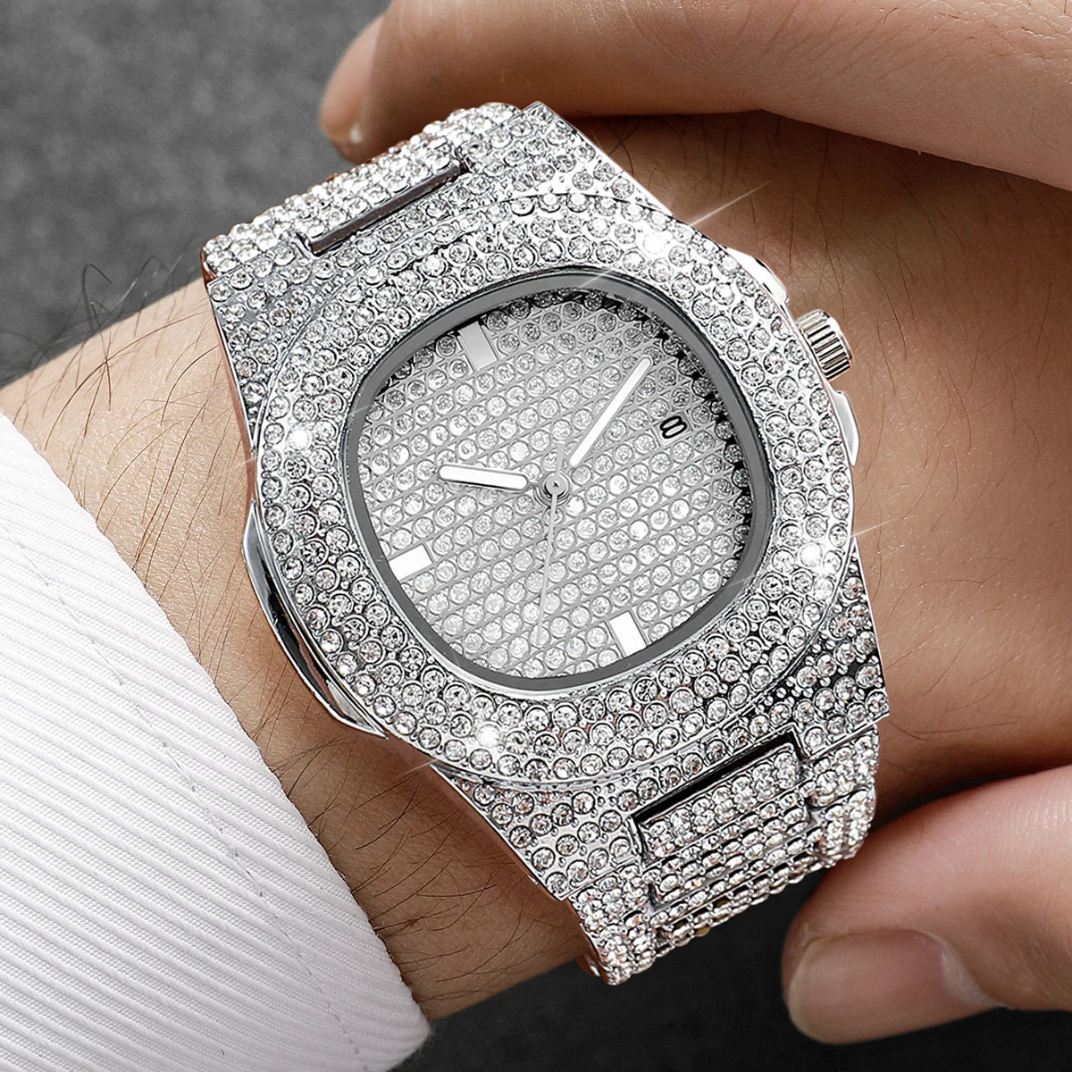 3PCS Iced Out Full Diamond Men Watch Cuban Chain Necklace Bracelet Set Hip Hop Quartz Wristwatch Accessories Relogio Masculino