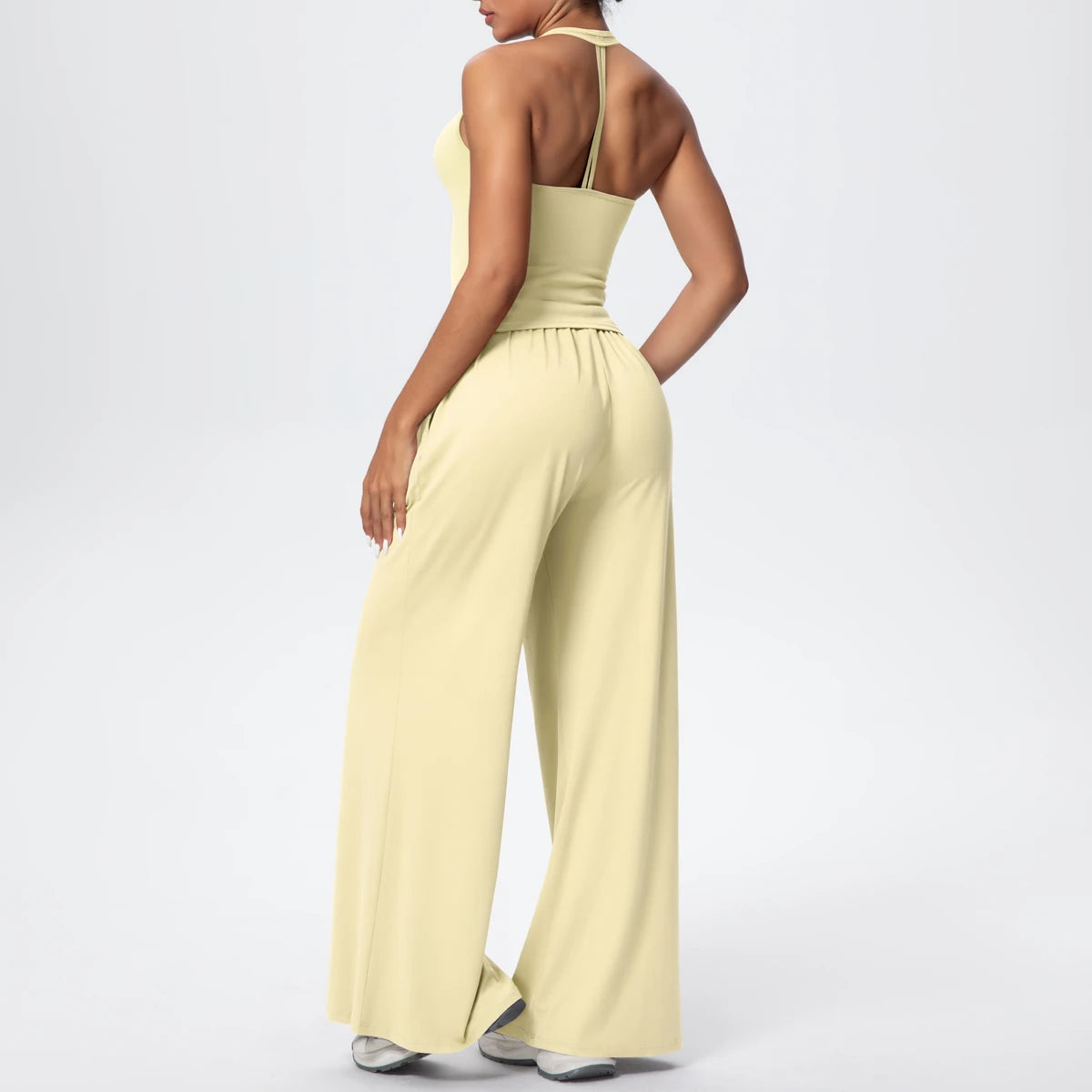 Breathable Loose Wide Leg Pants and Yoga Vest Set Solid Color High Stretch Pockets Pants Beautiful Back T-shaped Vest Yoga Suit