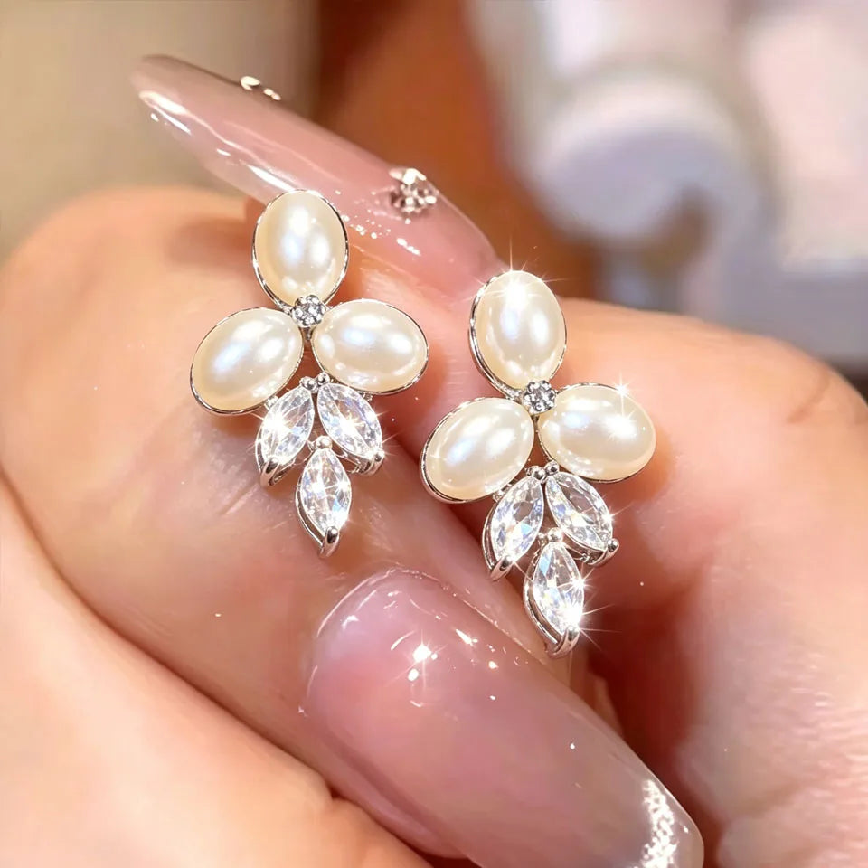 ZAKOL Marquise Oval Imitation Pearl Leaf Stud Earrings for Women Shiny Gorgeous Bridal Wedding Jewelry