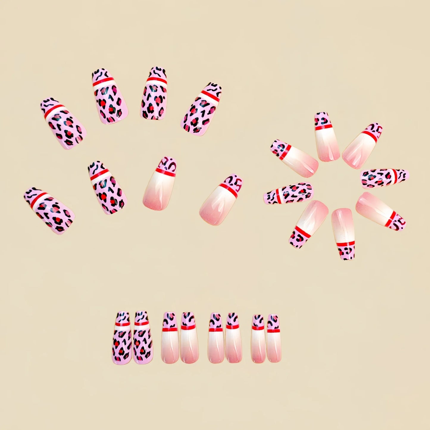 Medium fake nails for women girls gradient rose pink blue leopard print glossy Ballet shape full cover press on false nail art