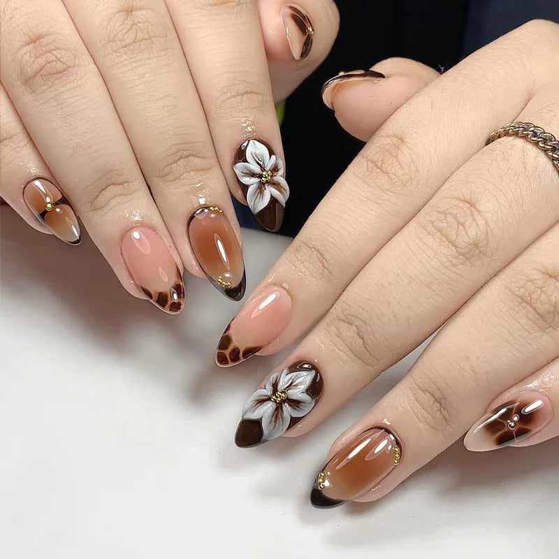 24Pcs Autumn Winter Matte Almond False Nails with Glue Rose Leaf Printing Nail Art Simple Full Cover Press on Acrylic Nails Tips