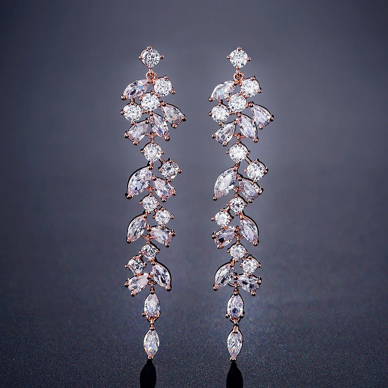 ZAKOL Fashion Cubic Zirconia Leaf Long Dangle Earrings for Elegant Women White Leaves Drop Earring Bridal Wedding Jewelry
