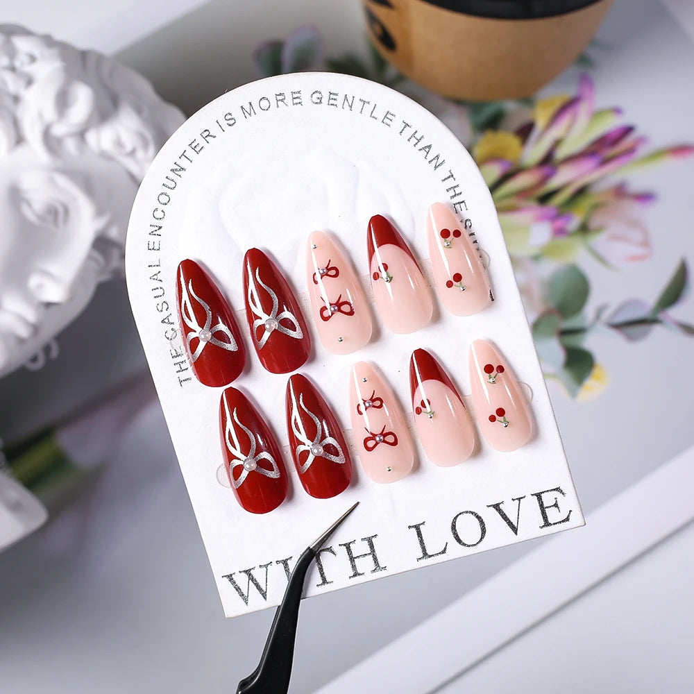 24Pcs Cute Cherry French Almond False Nails with Bow Design Acrylic Wearable Artificial Press on Nails Full Cover Fake Nail Tips