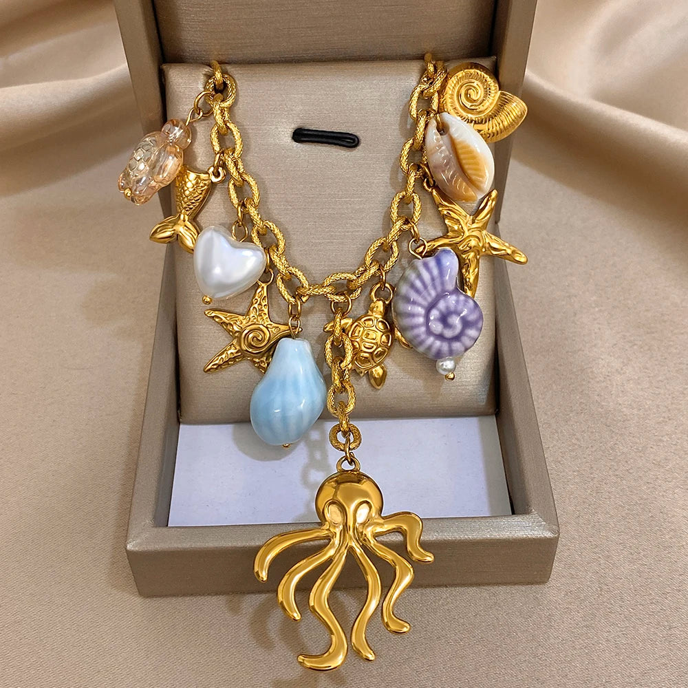 New Trend Chunky Stainless Steel Shell Starfish Turtle Charm Necklace Octopus Pendant Statement Gold Color Fashion Jewelry Gift