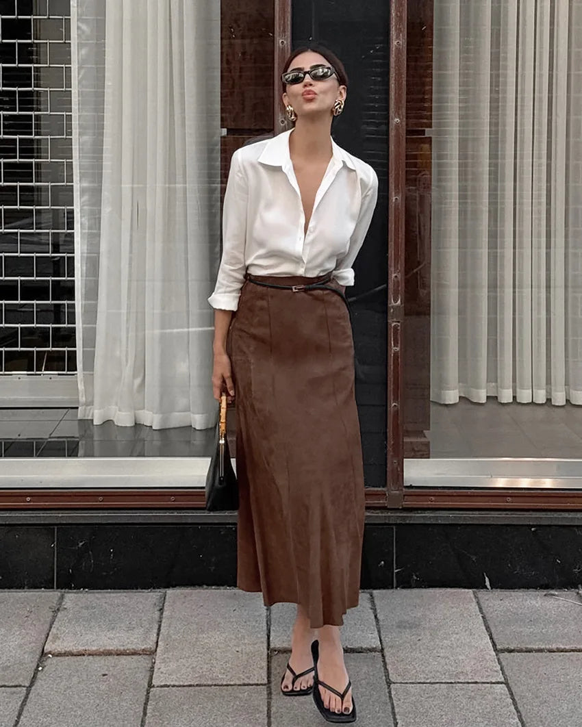 BKLD Autumn And Winter Retro New Fashionable Suede Fabric Brown Slimming High Waist Straight Skirt Casual Long Skirts For Women