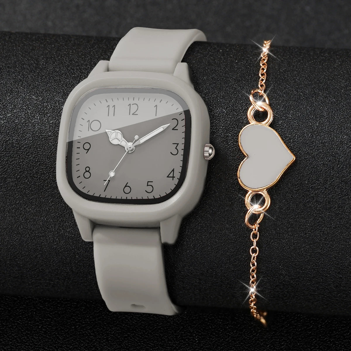 2PCS Women Watch Heart BraceletSet Grey Square Dial Silicone Strap Ladies Quartz Wristwatch Clock Relogio Feminino (Without Box)