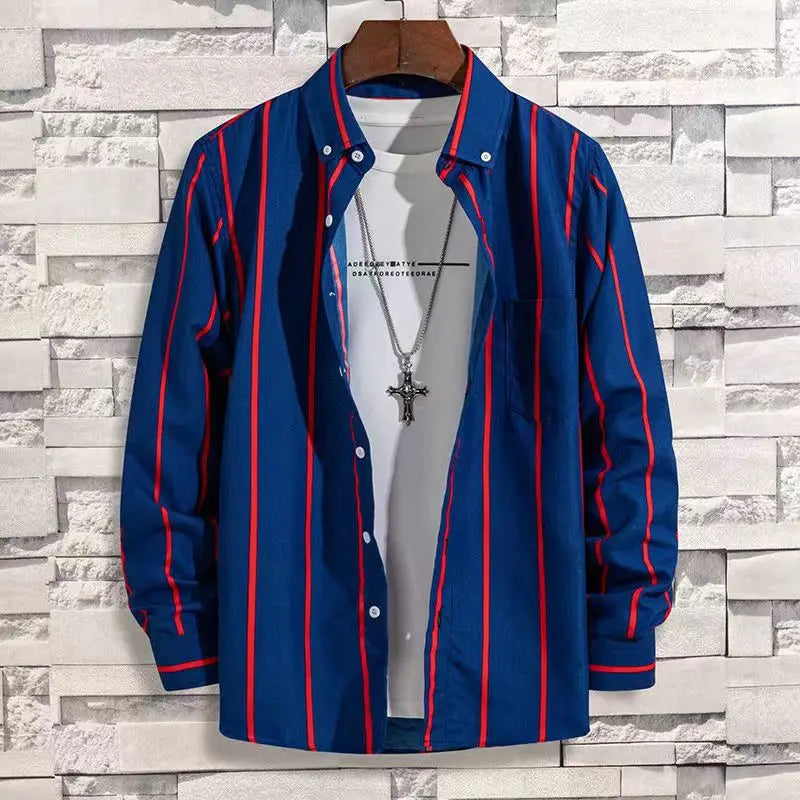 Mens Dress Shirts Striped Long Sleeve Plaid Checked Shirt Smart Casual Business Non-Ironing Korean Slim Fit Formal Blue White