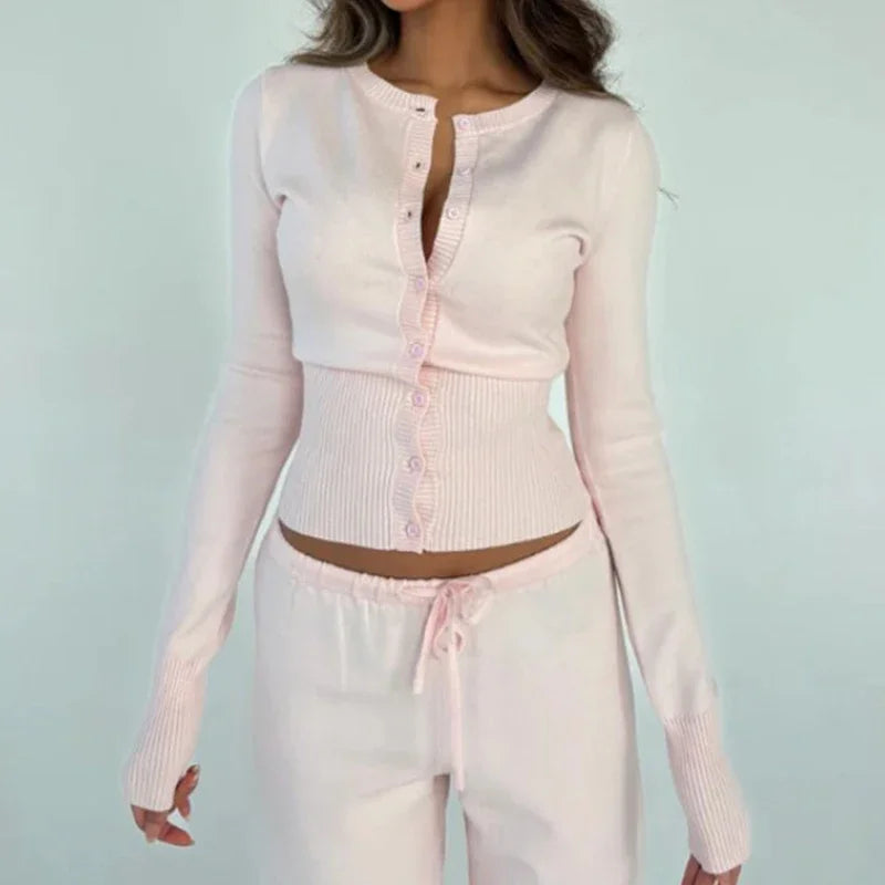 Women Elegant Solid Sweater Cardigans Korean Chic Slim Fit Cropped Knitted Tops Autumn Casual Long Sleeve O Neck Sweaters Coats