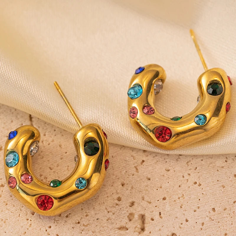 ZAKOL Y2K Trendy U Shape Stainless Steel Round Earrings For Women Girls Gold Color Imitation Pearl Crystal Ears Jewelry Gifts
