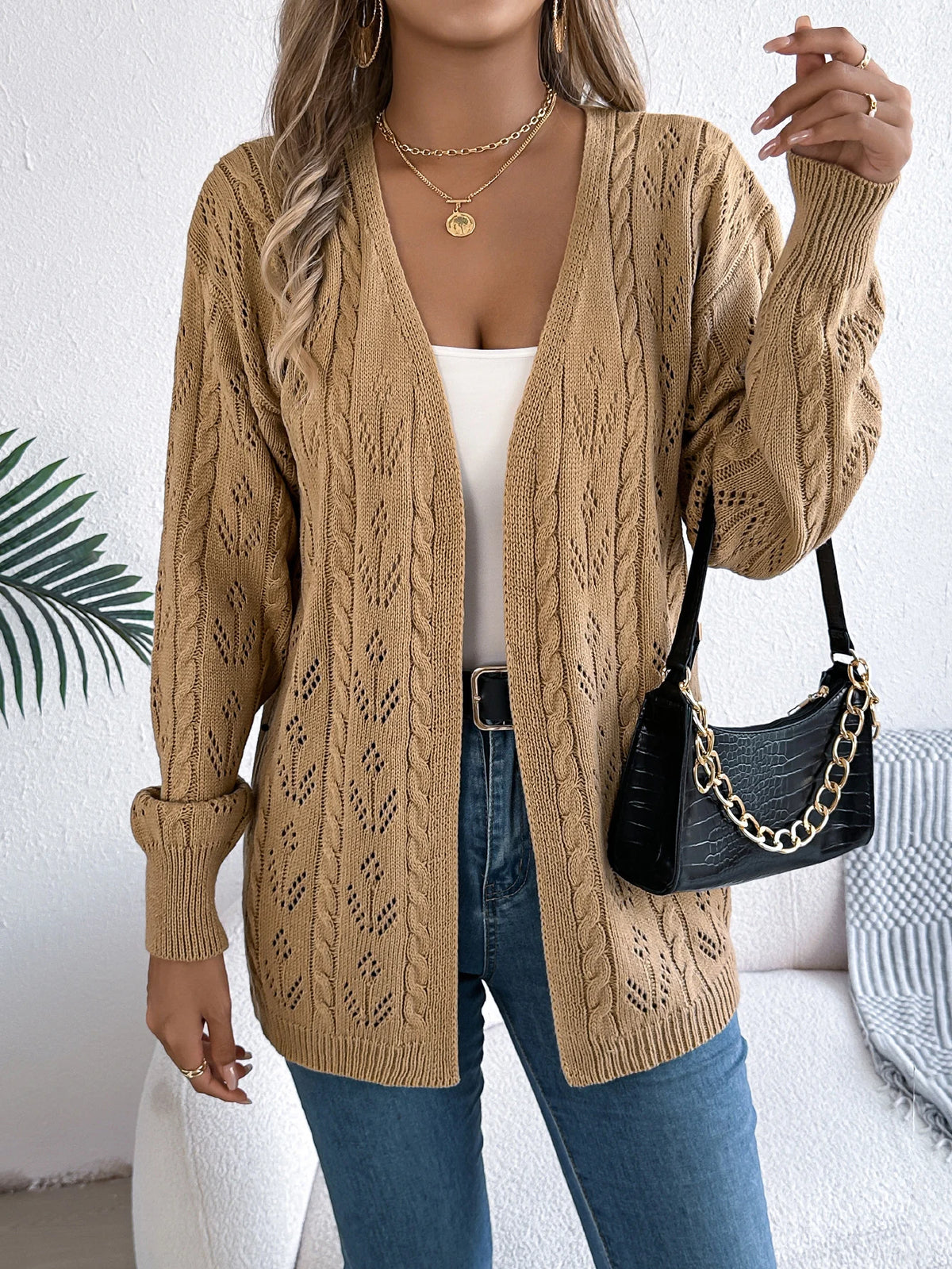 Women's Solid Color Hollow Out Knitted Cardigan Sweaters 2026 Autumn Winter Casual Lantern Long Sleeve Coats White Black Khaki
