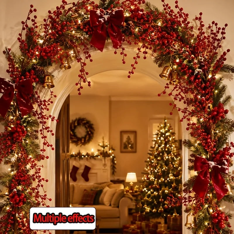 1PC Christmas Red Berry Vine Garland, Bendable Artificial Fruit Rattan,Winter Holiday Fireplace Staircase Hanging Decor for Home