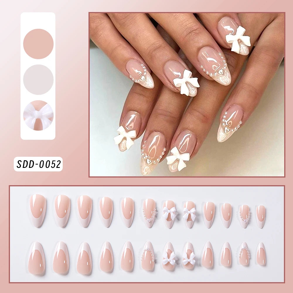 24pc Short Square French Fake Nails with Pearl Bow Acrylic Pink False Nail Wearable Press on Nails Full Cover Nail Tips