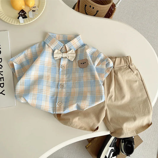 Fashion Summer Baby Boys Girl Clothes Suit Children Grid Bow Tie T-Shirt