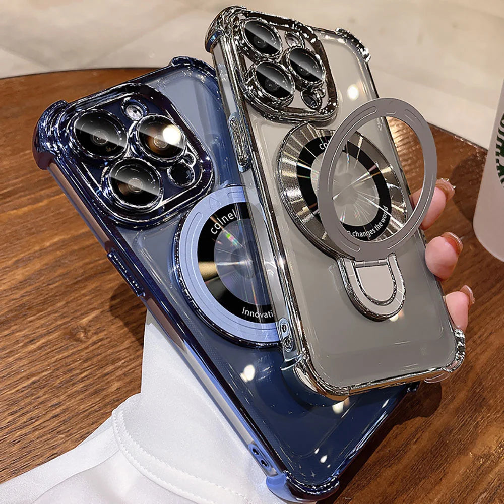 Luxury Plating Shockproof Magnetic Bracket For Magsafe Clear Case For iPhone 16 15 14 13 12 11 Pro Max With Holder Stand Cover