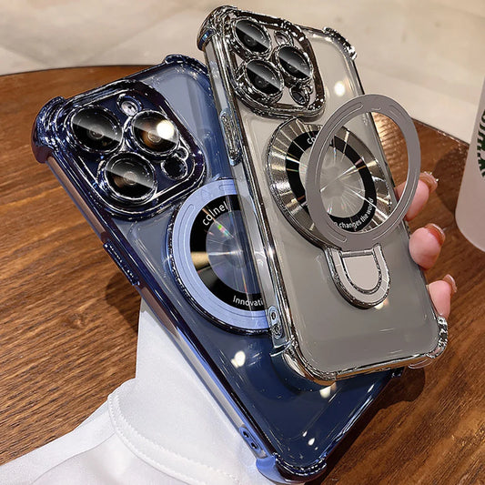 Luxury Plating Shockproof Magnetic Bracket For Magsafe Clear Case For iPhone 16 15 14 13 12 11 Pro Max With Holder Stand Cover