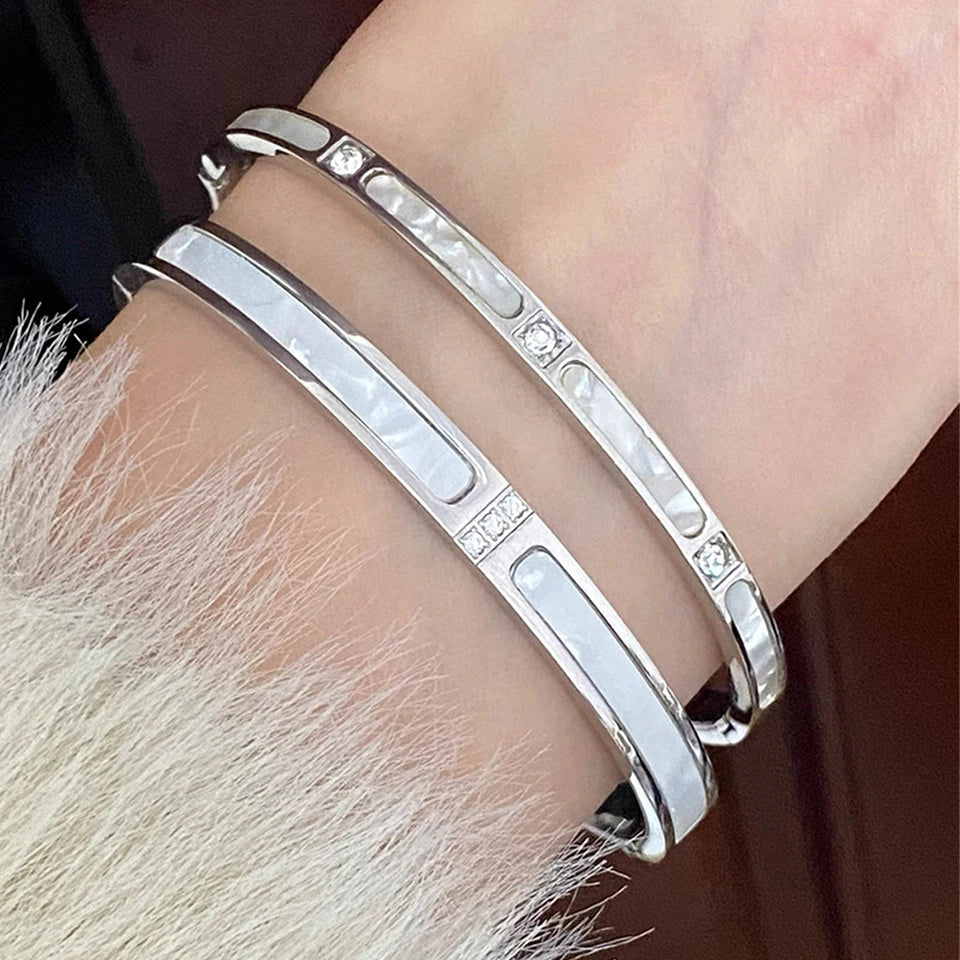 ZAKOL Niche Design White Fritillary Shell Stainless Steel Bracelet for Women Fashion Inlaid Zirconia Daily Bangle Jewelry Gift