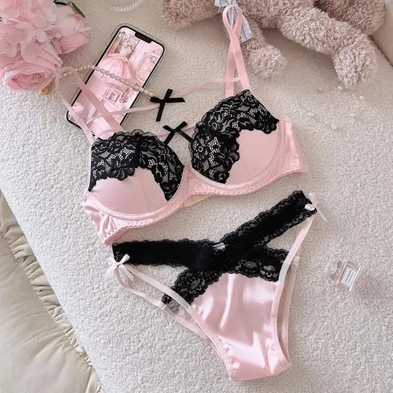MOYISU Sweet Trap French Bow Bra Set - Wireless Push-Up for Petite Chest, Pure Seduction Lace Bralette with Elegant Ribbon Charm