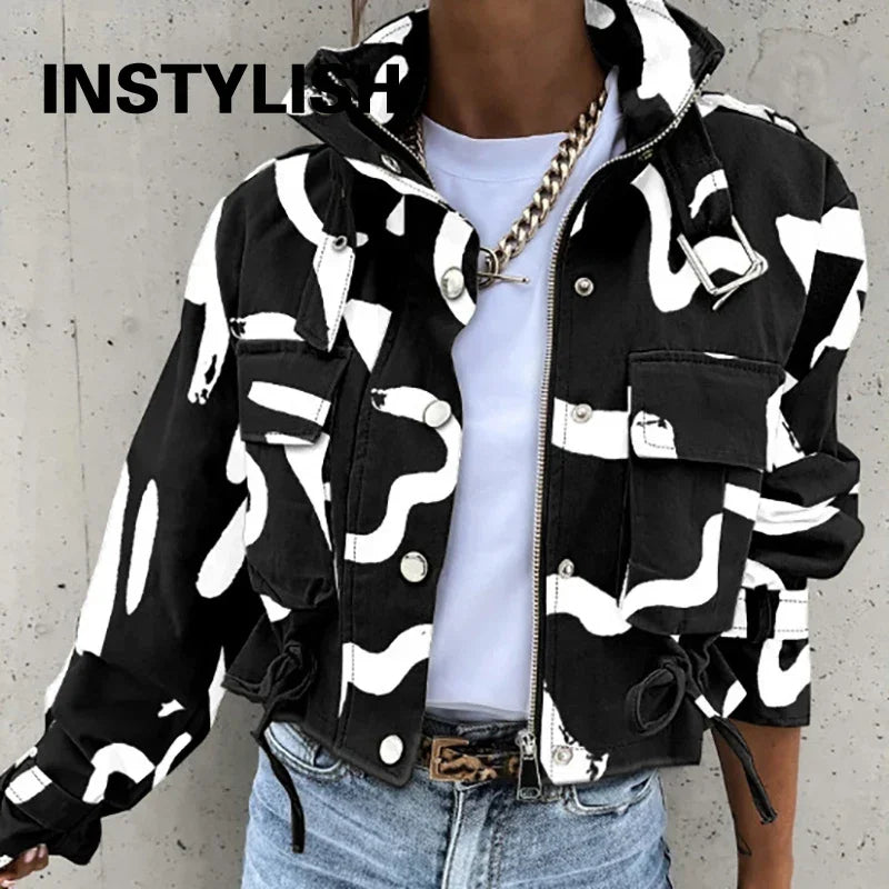Women Cropped Cargo Jacket Stand Collar Zip Button Long Sleeve Coat Multi Pocket Drawstring Streetwear Casual Short Outerwear