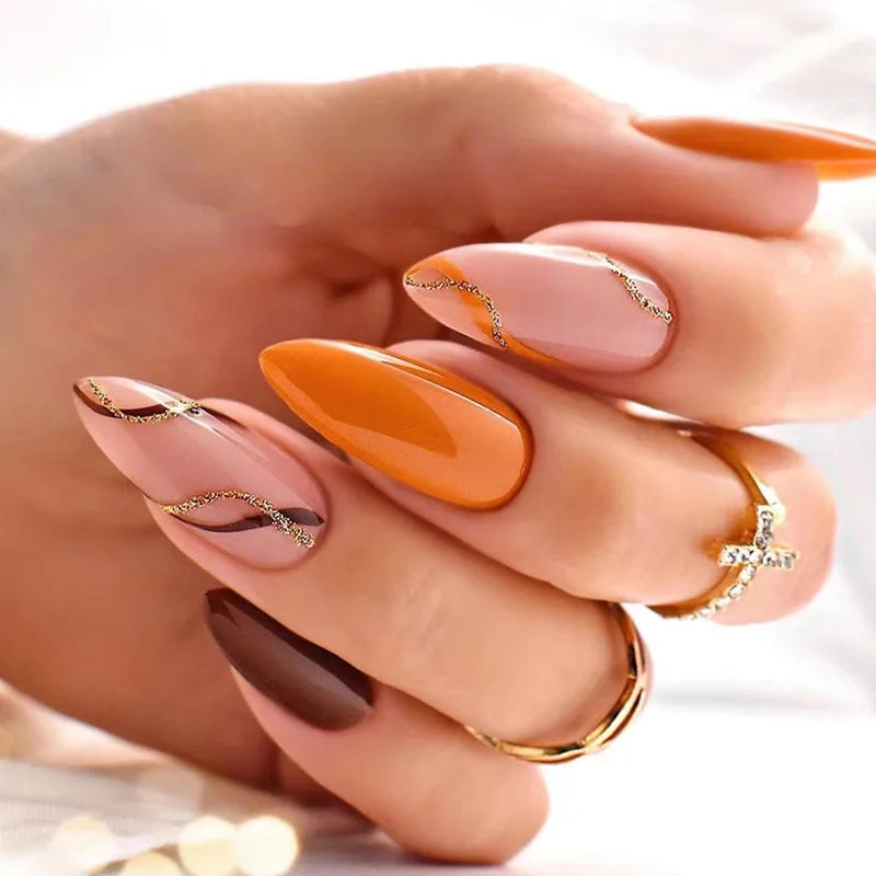 24Pcs Purple Flower Stiletto Round Head Press on Nails False Nails Almond Fake Nails French Wearable Full Cover Nail Tips