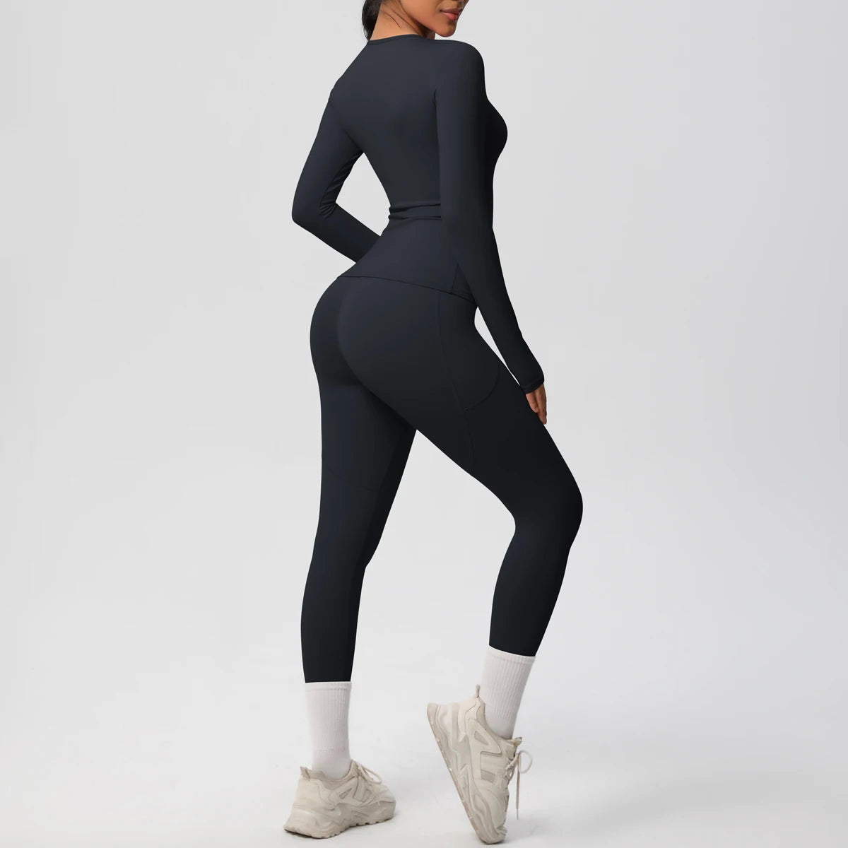 Summer 2PCS Women's Yoga Suit Solid Color High Stretch Slim Casual Long Sleeves Quick Drying Push Up Women Pockets Pants Set