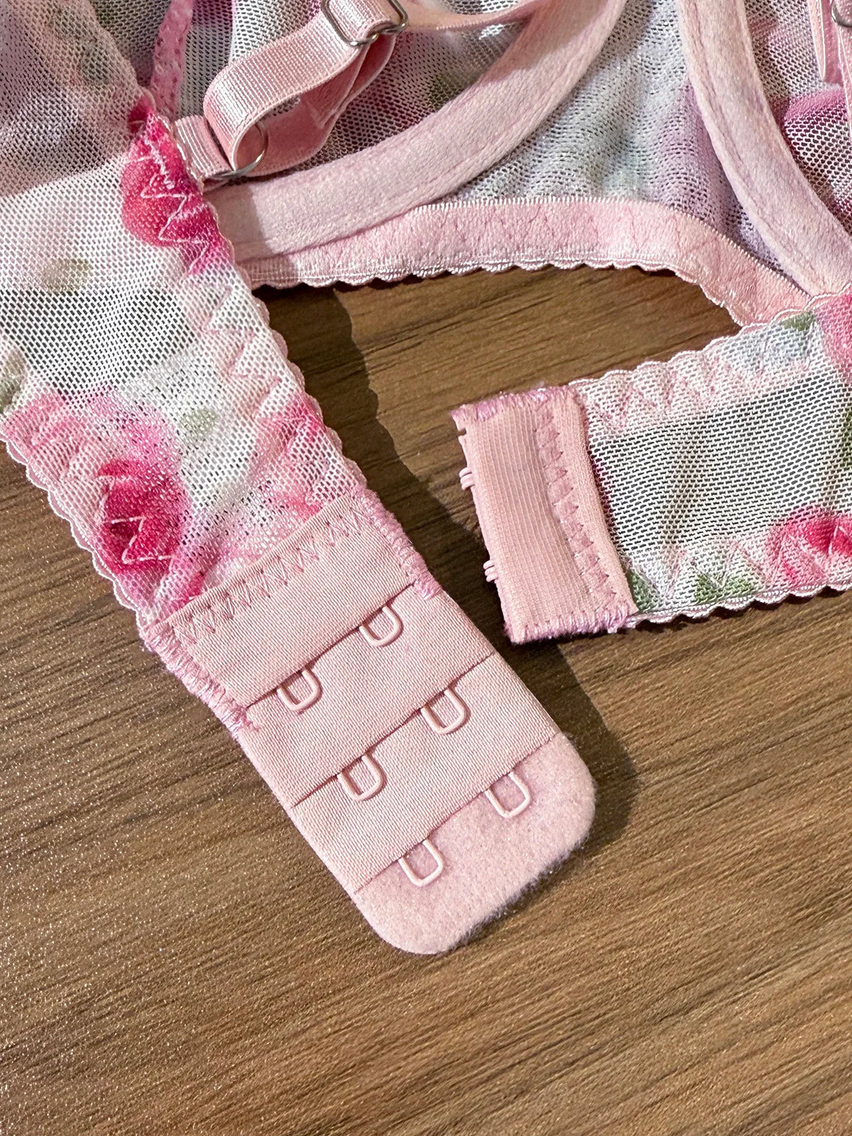 Pink Rose Print Lace Underwear Set French Romantic Style Bra + Briefs Thin Breathable Mesh Sexy Two-Piece Set
