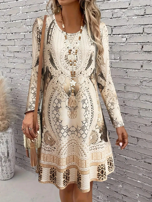New printed long sleeved dress for spring women's casual round neck dress,casual fall dress, casual everyday sundress