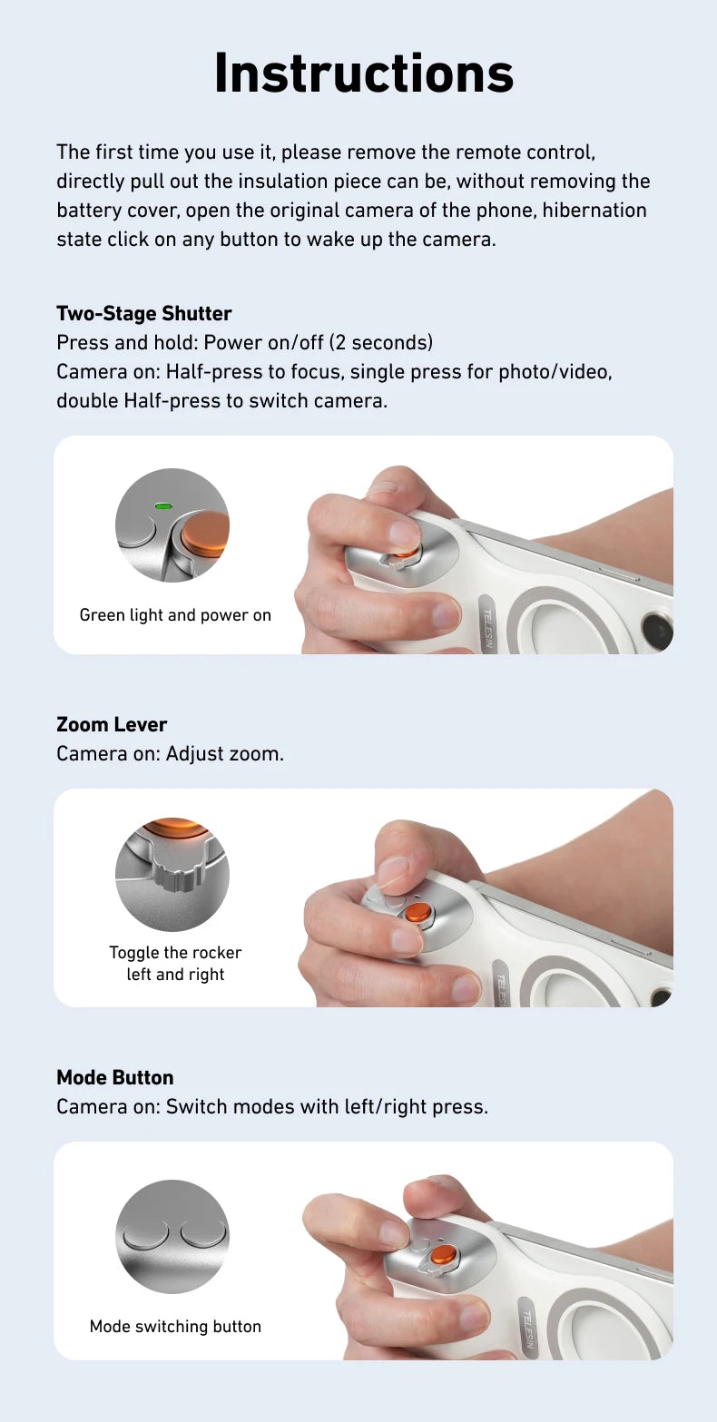 TELESIN Phone Camera Shoot Hand Grip Magnetic Smart Phone Holder Shooting Aid Remote Control Handle For Iphone Android Phone