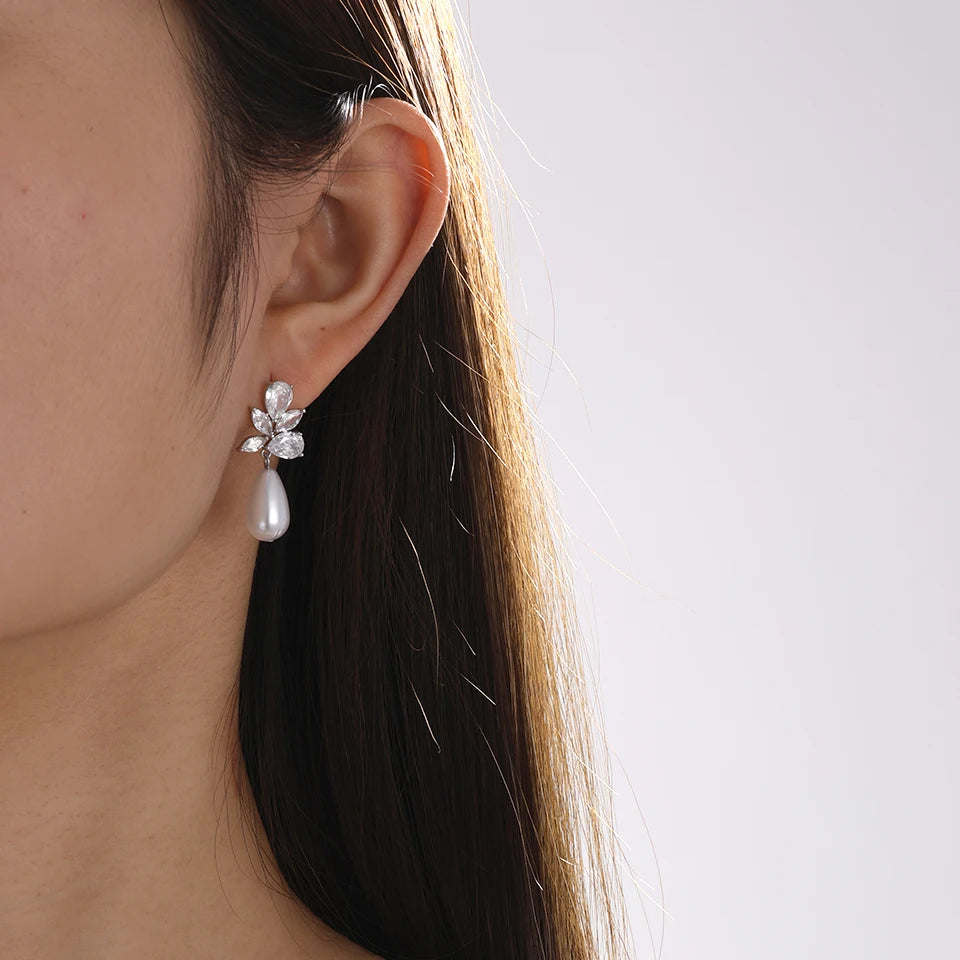 ZAKOL Classic AAA Zircon Pearl Dangle Drop Earrings for Women Shiny Crystal Bride Engagement Wedding Jewelry Ear Accessories