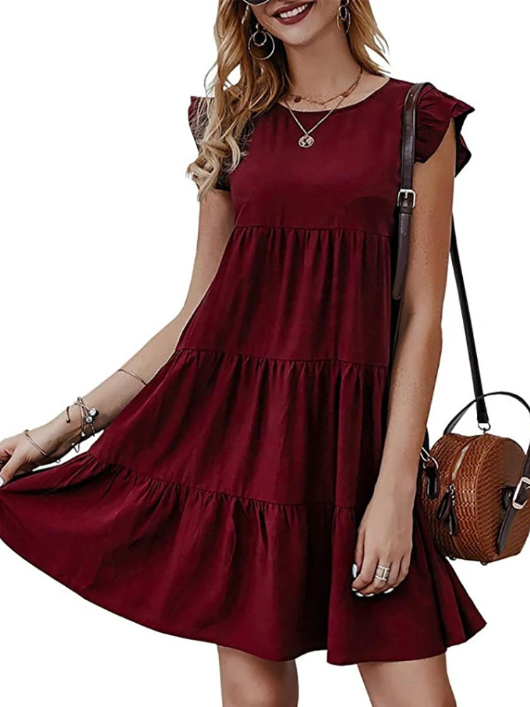 Women Elegant Ruffle Mini Dress Casual Solid O Neck Beach Party Sundress Simple Chic Loose Short Dress Vintage Harajuku Vestido