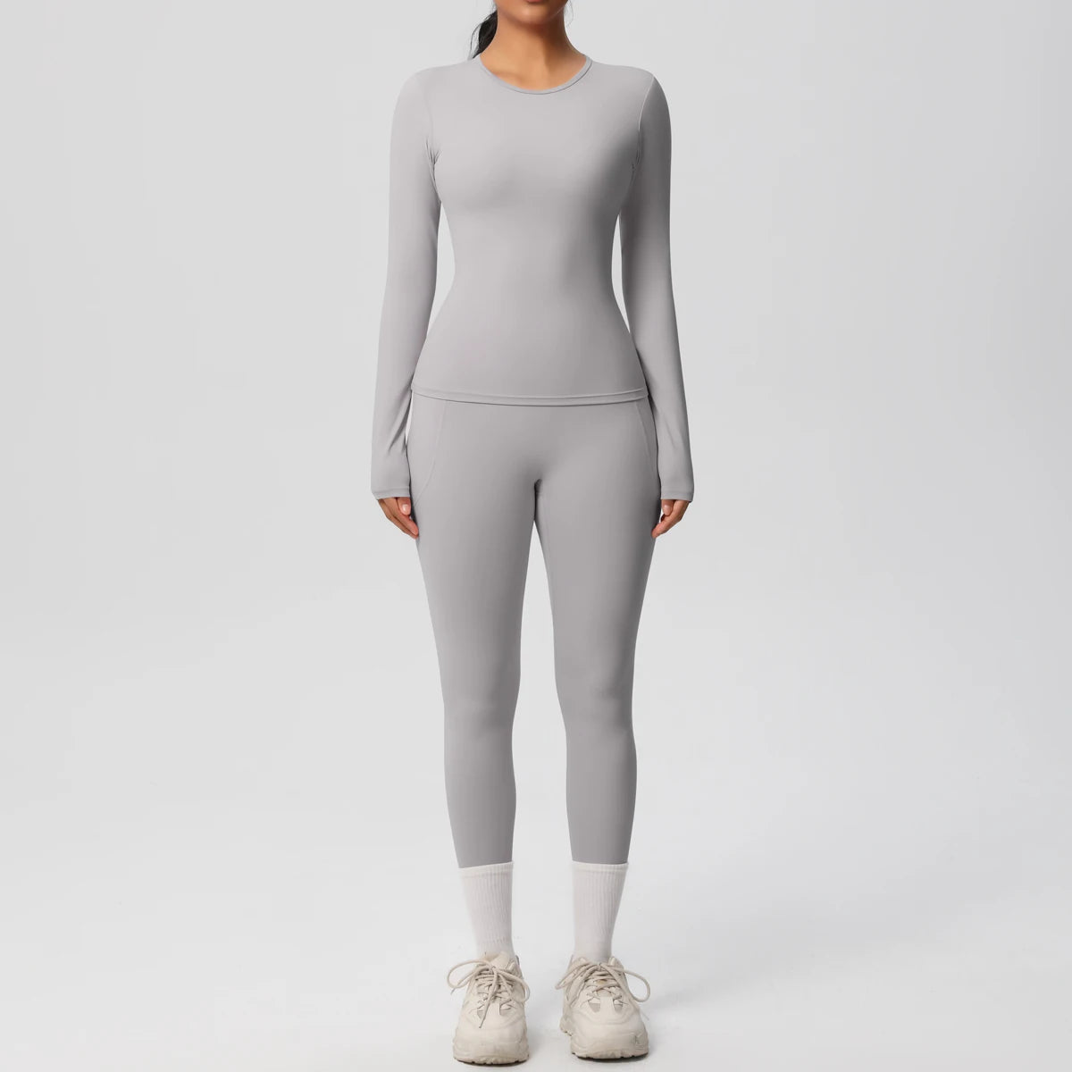 Summer 2PCS Women's Yoga Suit Solid Color High Stretch Slim Casual Long Sleeves Quick Drying Push Up Women Pockets Pants Set