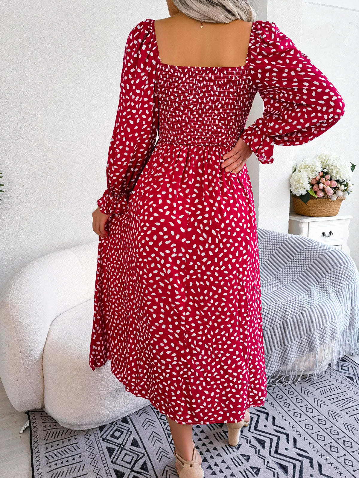 Spring Autumn Women's Elegant Polka Dot Square Neck Flare Long Sleeve Slim Waist Floral Dress Yellow Pink Red Woman Clothing