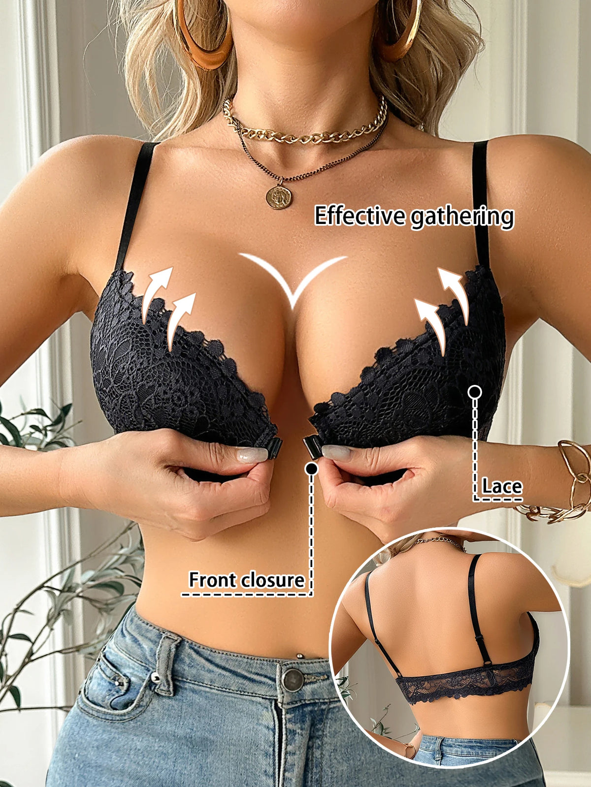 Modern Women's Lace Bra, Sexy Front-Clasp Push-Up Bra, Non-Padded, Breathable, Comfortable, Elegant, Sexy Lingerie Top