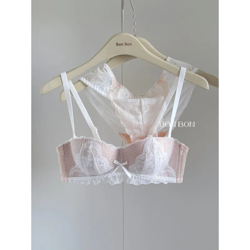 Women's French Lace Bra & Briefs Set Sexy Semi Cup Push Up Small Bust Support Enhance Comfort Lightweight Bralette Free Shipping