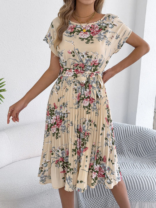 Retro Floral Pattern Printed Dress 2026 Women's Elegant Spring Summer Round Neck Lace Up Short Sleeve Pleated Maxi Dresses