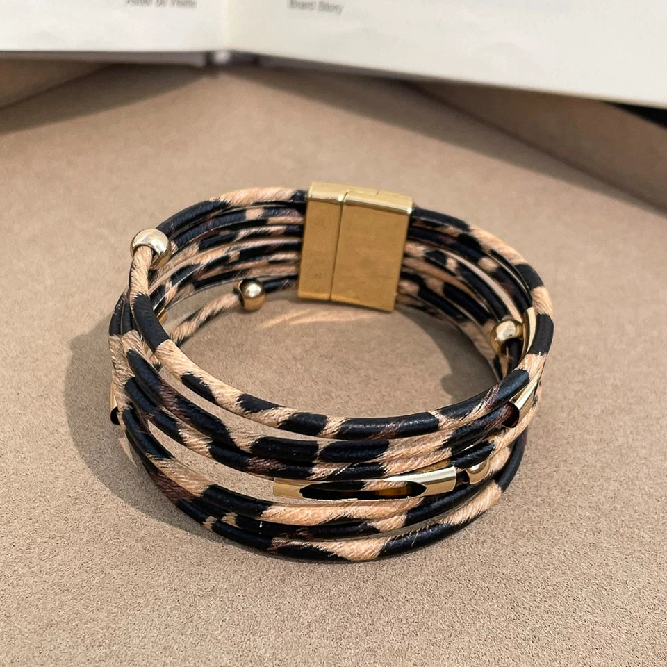 ZAKOL Retro Metal Tube Sexy Leopard Print Leather Bracelet For Men Women Boho Multi-Layer Wrapped Bracelets Charm Jewelry